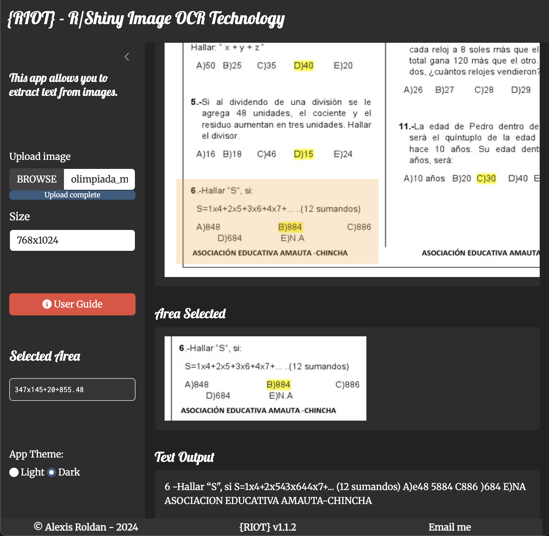 RIOT OCR application text extraction interface